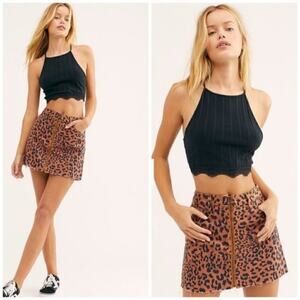 NWT Free People Leopard Zip Front Denim Mini Skirt
